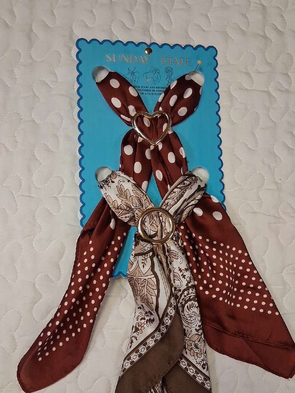 Sunday State Brown Polka Dot & Paisley Hair Scarf Set with Gold Rings